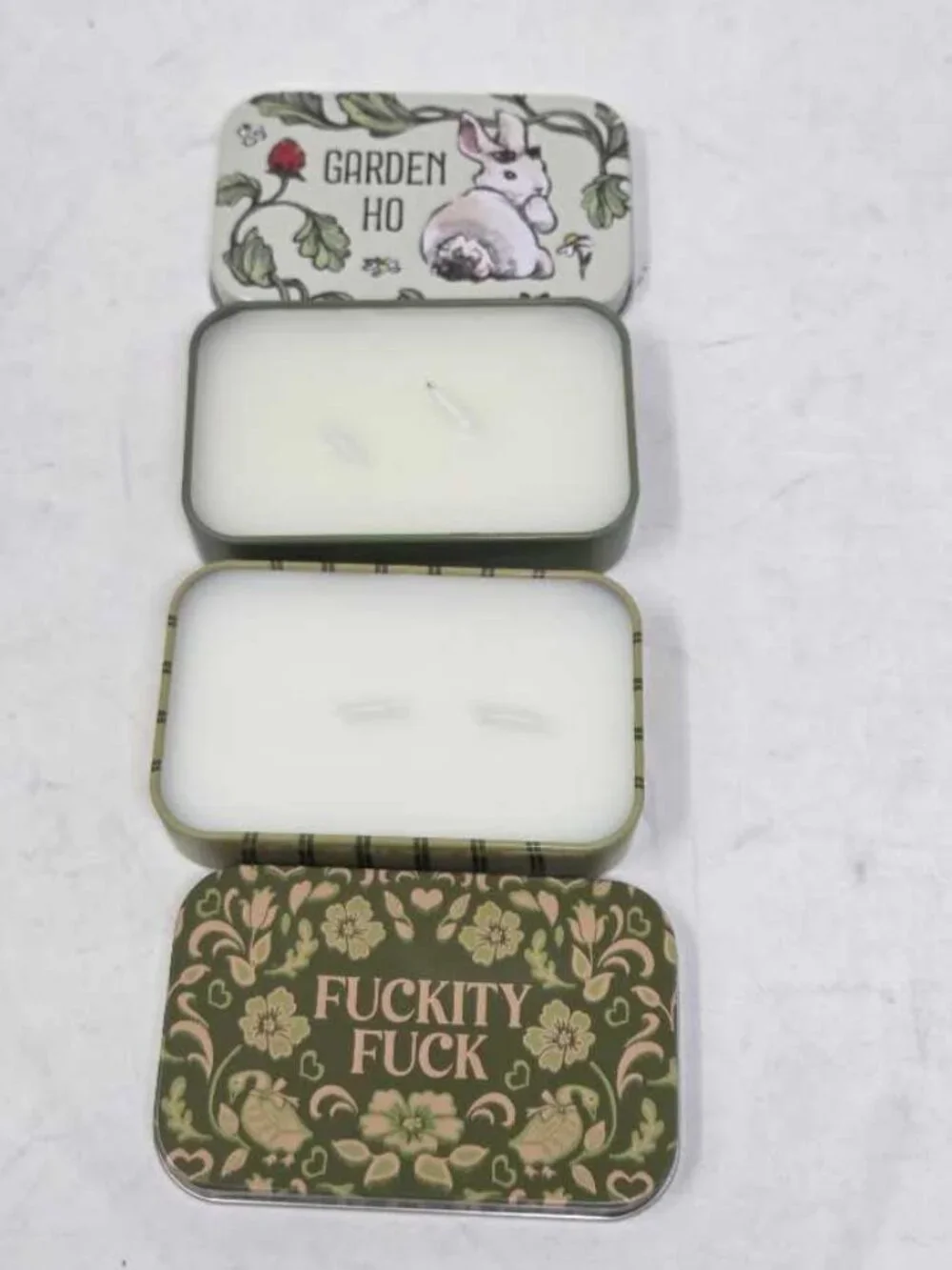 Set of 2 Urban Outfitters sentiment tin box scented candles Garden Ho bunny